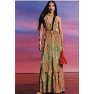 MNG Mango Paisley Maxi Dress Green Boho Sleeveless Tiered Summer Size S